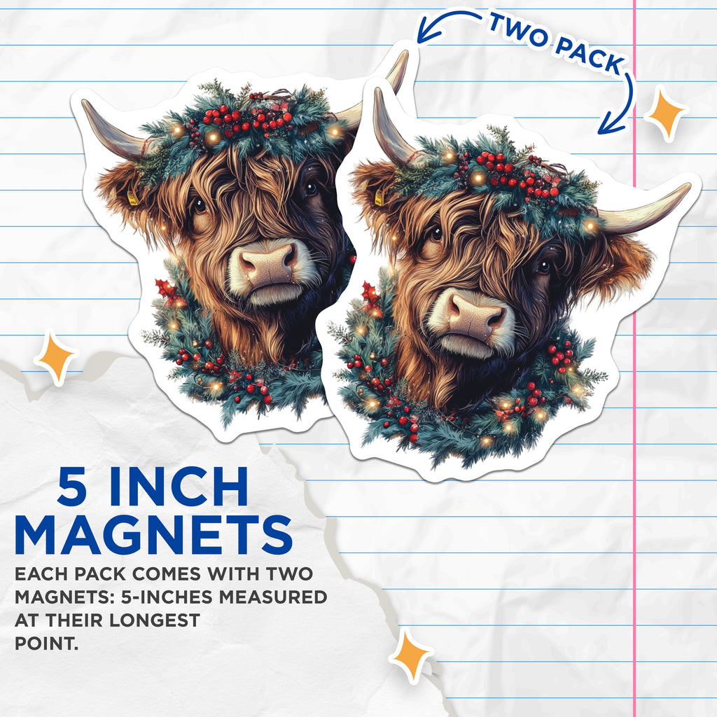 (2 Pack) Highland Cow Christmas Wreath Magnets - Festive Farm Animal Refrigerator Decor - Winter Holiday Accent - 5 Inches On Longest Side - Thick Durable Magnet - Made in USA - MAG39528