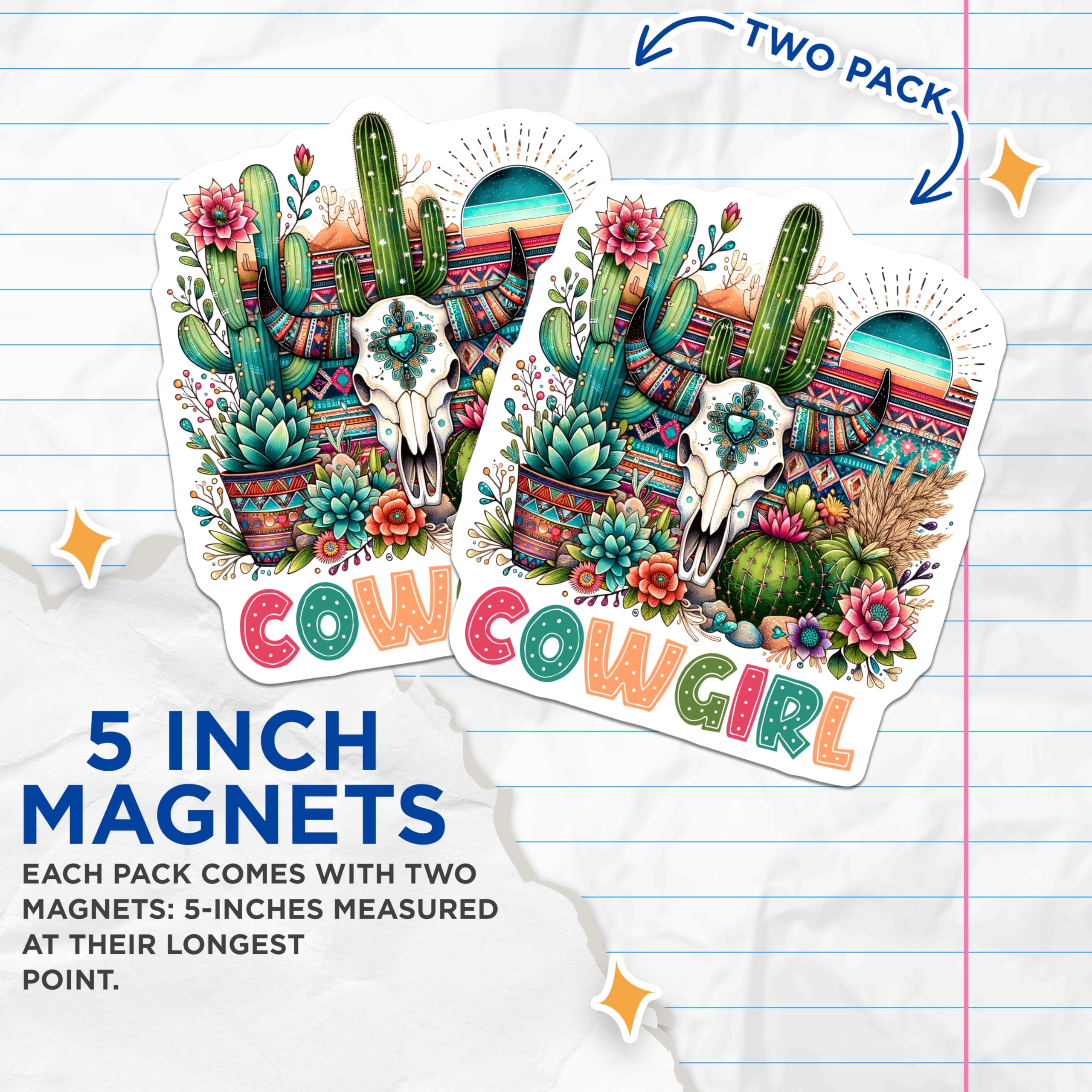 (2 Pack) Cowgirl Magnets - Southwestern Decor - Cactus Skull Magnets - 5" On Longest Side - Premium Magnet - for Cars, Refrigerators, Toolboxes, Lockers - Made in USA - MAG16124