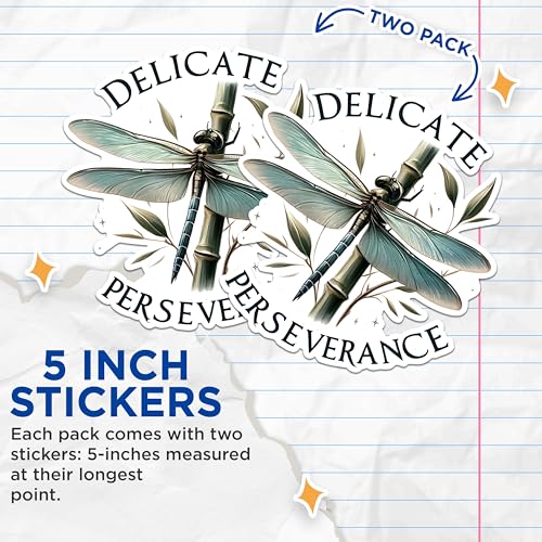 (2 Pack) Delicate Perseverance Stickers - Dragonfly Art Stickers - Nature Inspirational Stickers - 5" On Longest Side - Sticks to Any Smooth Flat Surface - Made in USA - BMCS2684