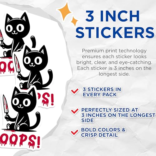 (3 Pack) Black Cat Decals - Oops Cat - Spooky Kitty Decals - 3 Inches On Longest Side - Easy Peel & Apply - Made in USA - 3MCS6114