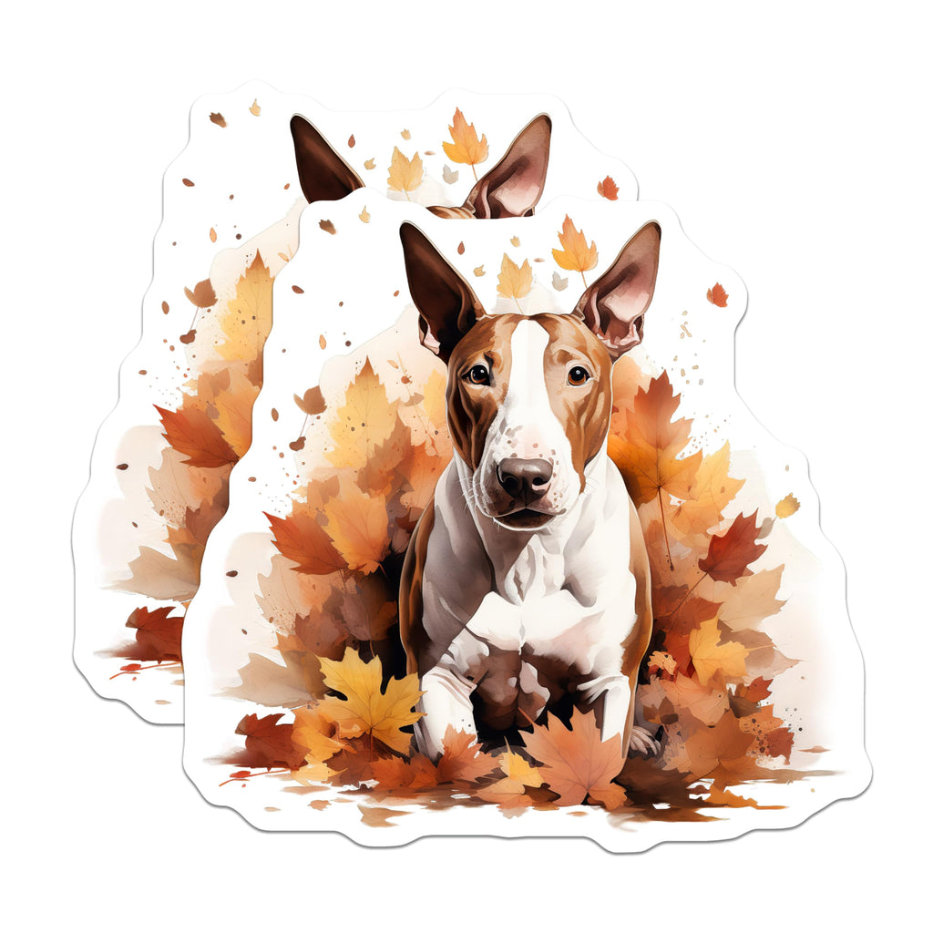 (2 Pack) Bull Terrier Magnets - Autumn Dog Decor - Fall Leaves Art for Fridge - 5 Inches On Longest Side - Thick Durable Magnet - Made in USA - MAG25119