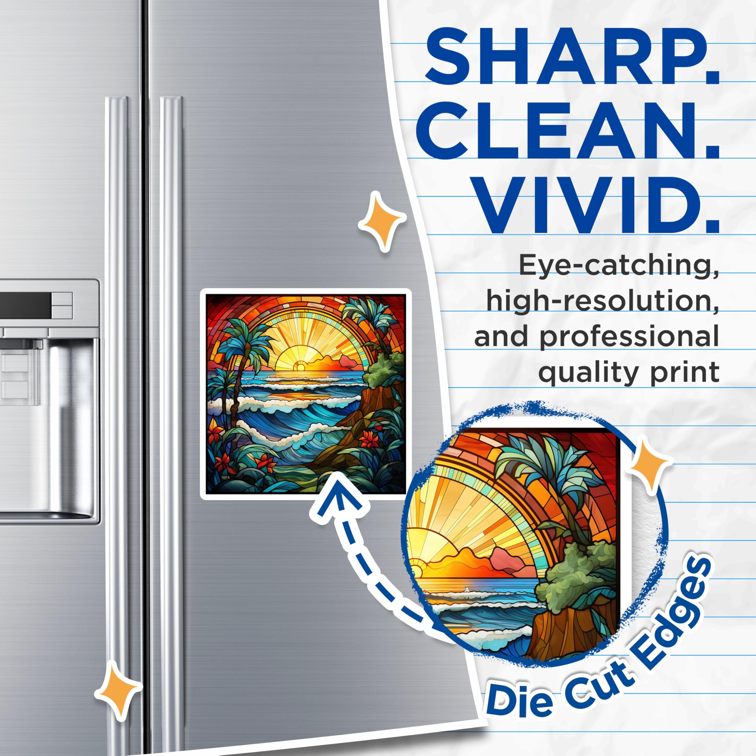 (2 Pack) Stained Glass Ocean Magnets - Tropical Beach Scene Art - Vibrant Sunset Palm Trees - Hawaiian Coastal Decor - 5 Inches On Longest Side - Thick Durable Magnet - Made in USA - MAG23382
