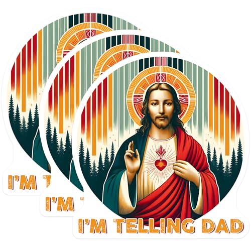 (3 Pack) I'm Telling Dad Decals - Funny Jesus - Sarcastic Decals - 3 Inches On Longest Side - Easy Peel & Apply - Made in USA - 3MCS6256