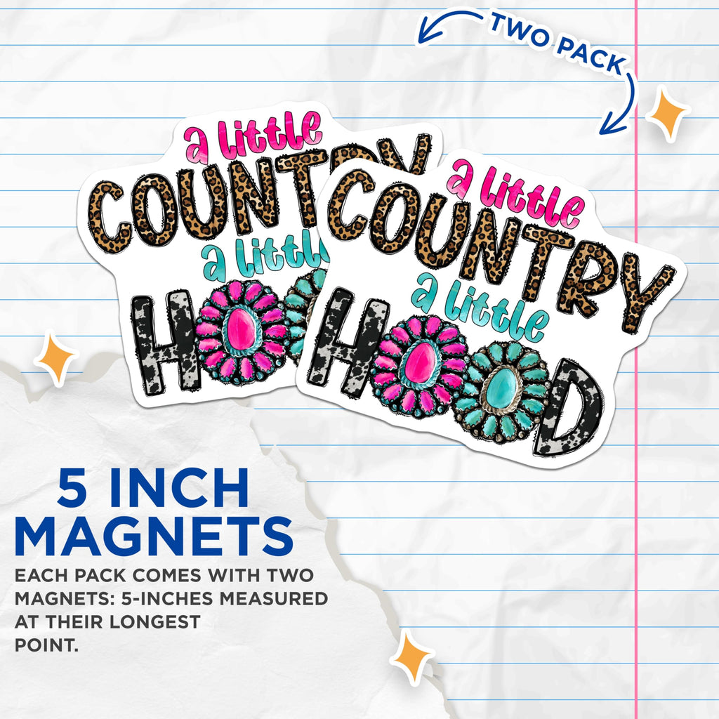 (2 Pack) A Little Country A Little Hood Magnets - Leopard Print Cowhide - Western Style Truck Fridge Decor - 5 Inches On Longest Side - Thick Durable Magnet - Made in USA - MAG29156