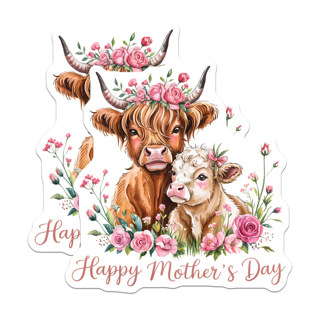 (2 Pack) Happy Mothers Day Magnets - Highland Cow Decor - Mama Calf Floral Farmhouse - 5 Inches On Longest Side - Thick Durable Magnet - Made in USA - MAG22192