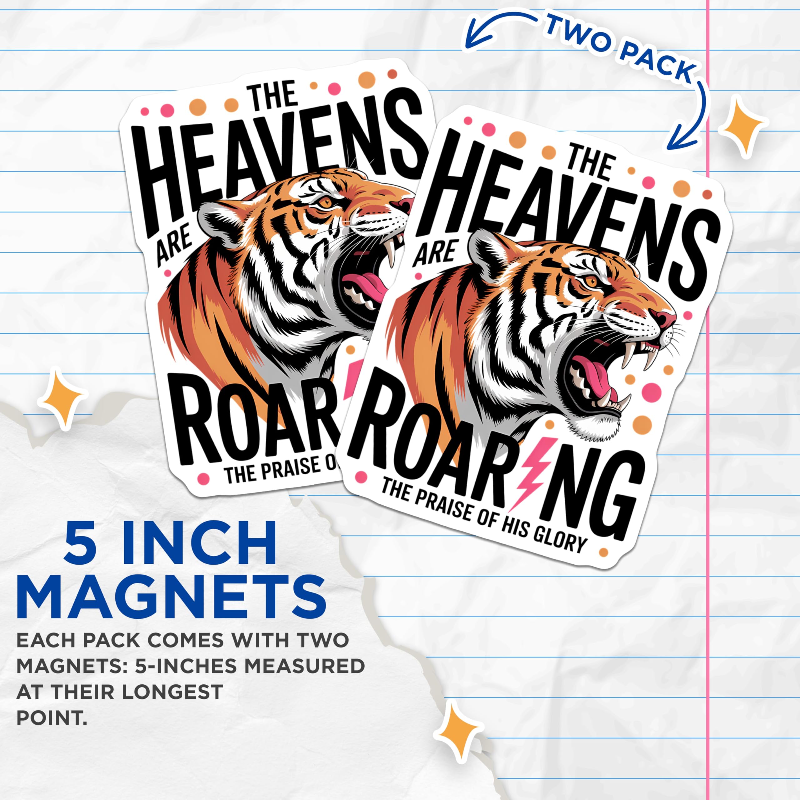 (2 Pack) Roaring Tiger Magnets - Christian Faith Decor - Spiritual Inspiration Art - 5 Inches On Longest Side - Thick Durable Magnet - Made in USA - MAG21273