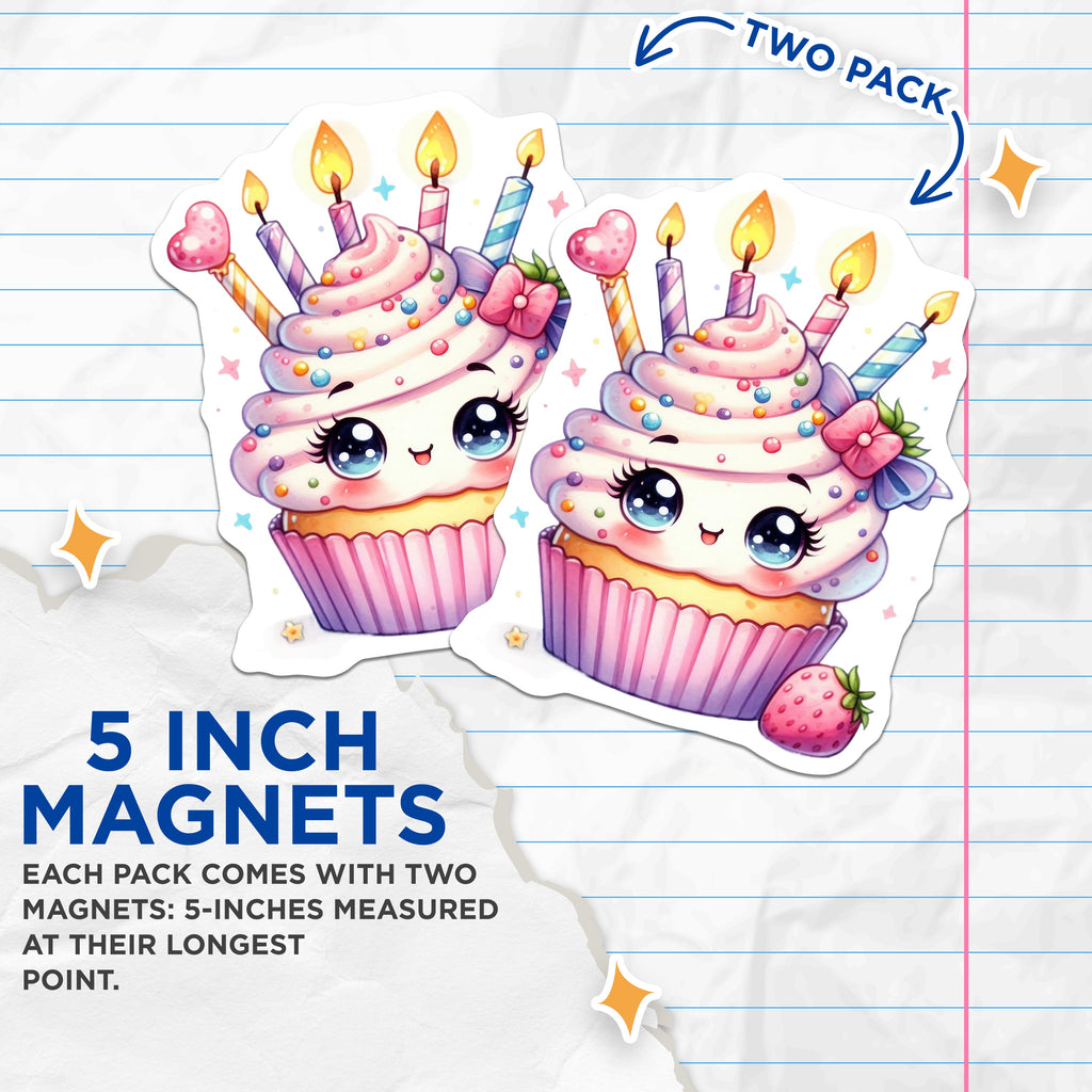 (2 Pack) Birthday Cupcake Magnets - Kawaii Sweet Treat - Cute Party Favor Refrigerator Decor - 5 Inches On Longest Side - Thick Durable Magnet - Made in USA - MAG36309
