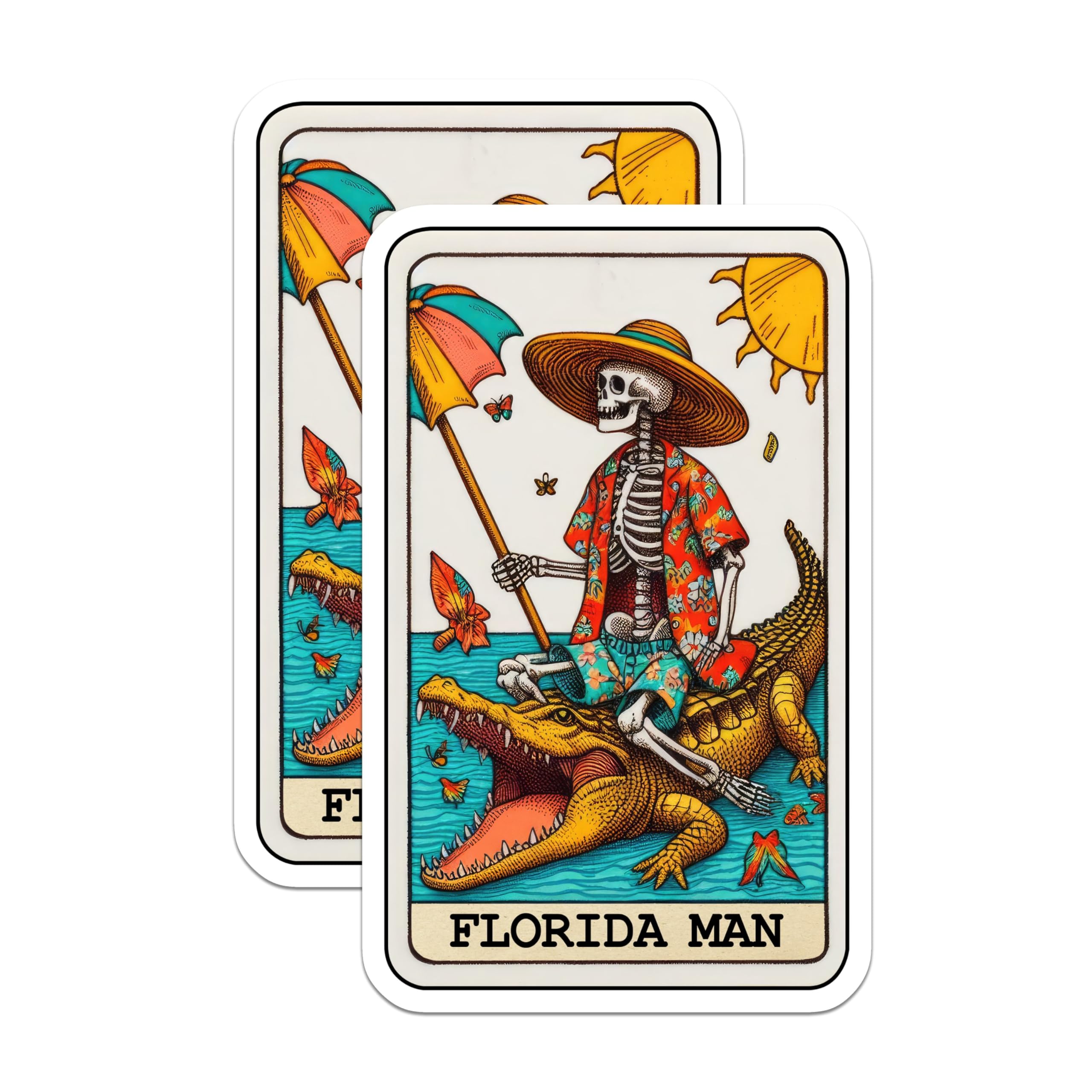 (2 Pack) Florida Man Stickers - Skeleton Riding Alligator Stickers - Tropical Cartoon Stickers - 5" On Longest Side - Sticks to Smooth Flat Surfaces - Made in USA - BMCS4884