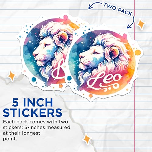 (2 Pack) Leo Zodiac Sign Stickers - Colorful Lion Art - Astrology Star Sign Stickers - 5" On Longest Side - Sticks to Smooth Flat Surfaces - Made in USA - BMCS6883