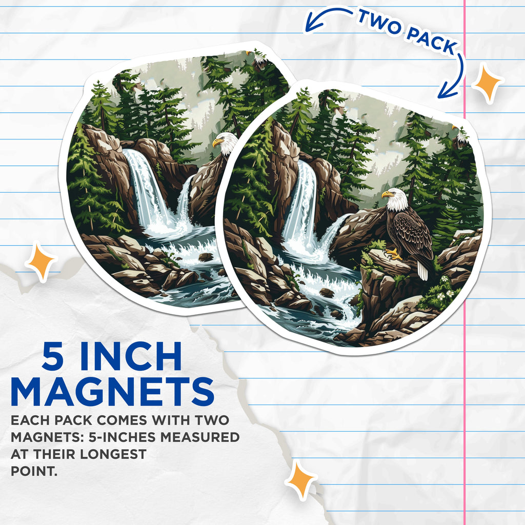 (2 Pack) Bald Eagle Magnets - Waterfall Landscape Scene - Forest Mountain Outdoorsy Decor - 5 Inches On Longest Side - Thick Durable Magnet - Made in USA - MAG38494