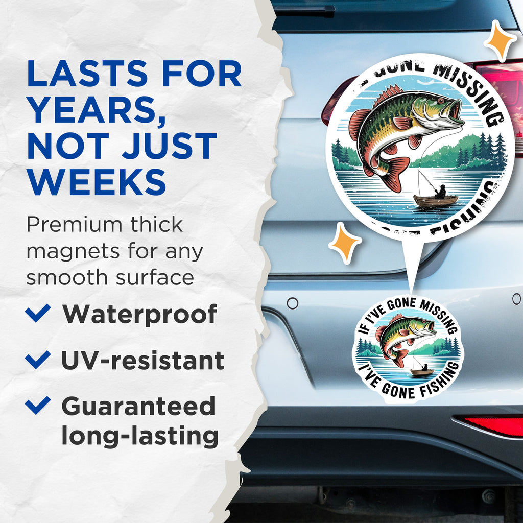 (2 Pack) Funny Fishing Magnets - Gone Fishing Fisherman Decor - Bass Lake House Refrigerator Novelty for Dad - 5 Inches On Longest Side - Thick Durable Magnet - Made in USA - MAG37221
