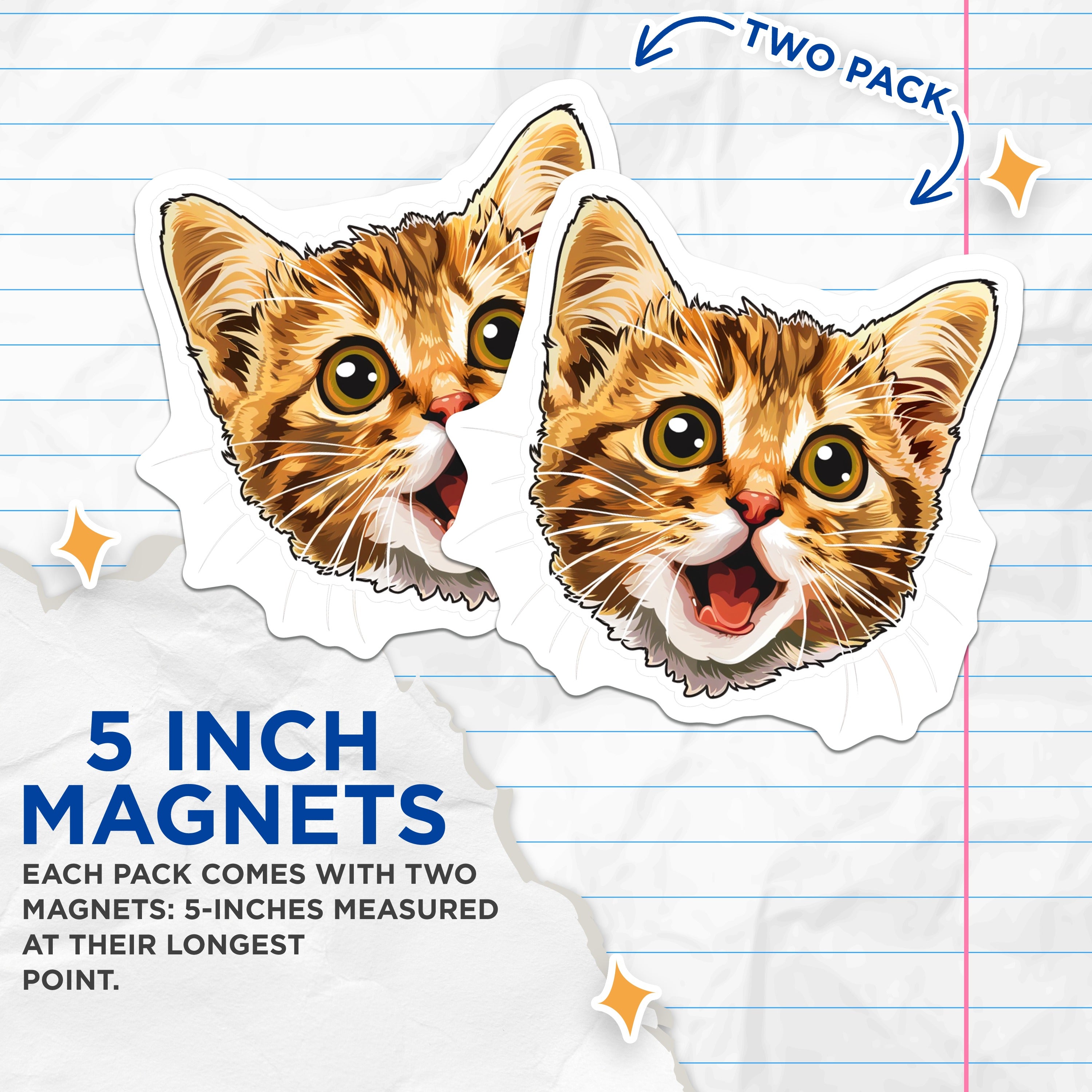 (2 Pack) Surprised Cat Face Magnets - Funny Kitty Lover Decor - Pet Parent Refrigerator Accessory - Cute Animal Art - 5 Inches On Longest Side - Thick Durable Magnet - Made in USA - MAG36053
