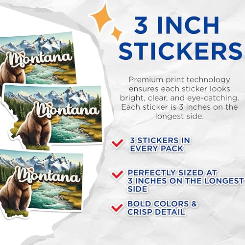 (3 Pack) Montana Bear Decals - State Pride Stickers - Laptop Decals - 3 Inches On Longest Side - Easy Peel & Apply - Made in USA - 3MCS0146