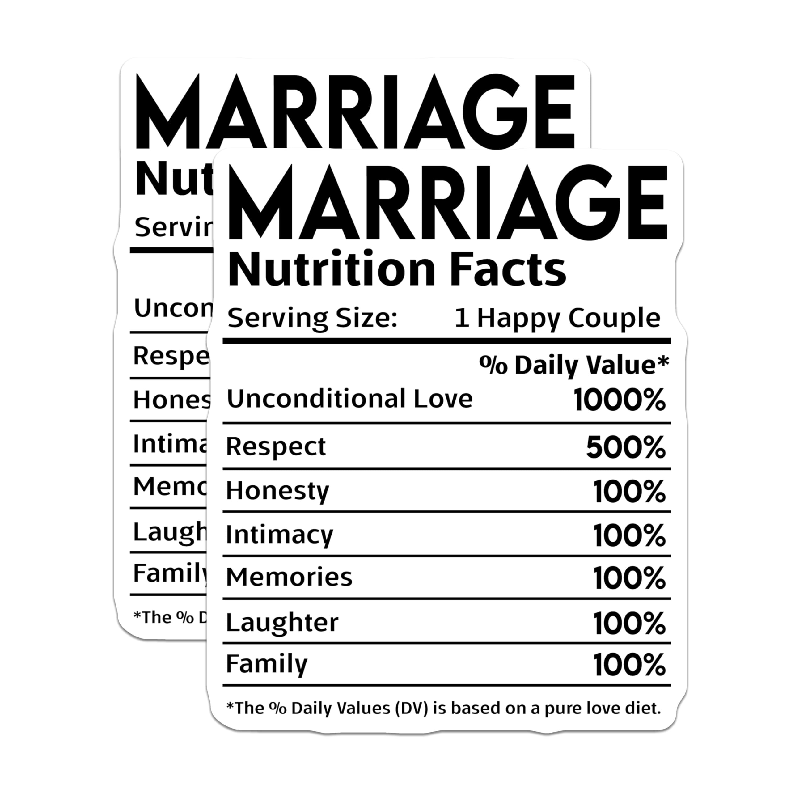 (2 Pack) Marriage Nutrition Facts Stickers - Happy Couple Love Stickers - Wedding Anniversary Sticker Decal - 5" On Longest Side - Sticks to Smooth Flat Surfaces - Made in USA - BMCS4139