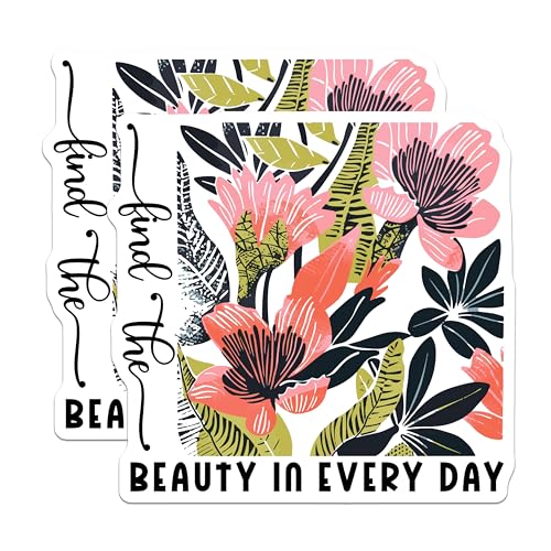 (2 Pack) Find The Beauty in Every Day Stickers - Inspirational Floral Stickers - Motivational Quotes Stickers - 5" On Longest Side - Sticks to Smooth Flat Surfaces - Made in USA - BMCS3866