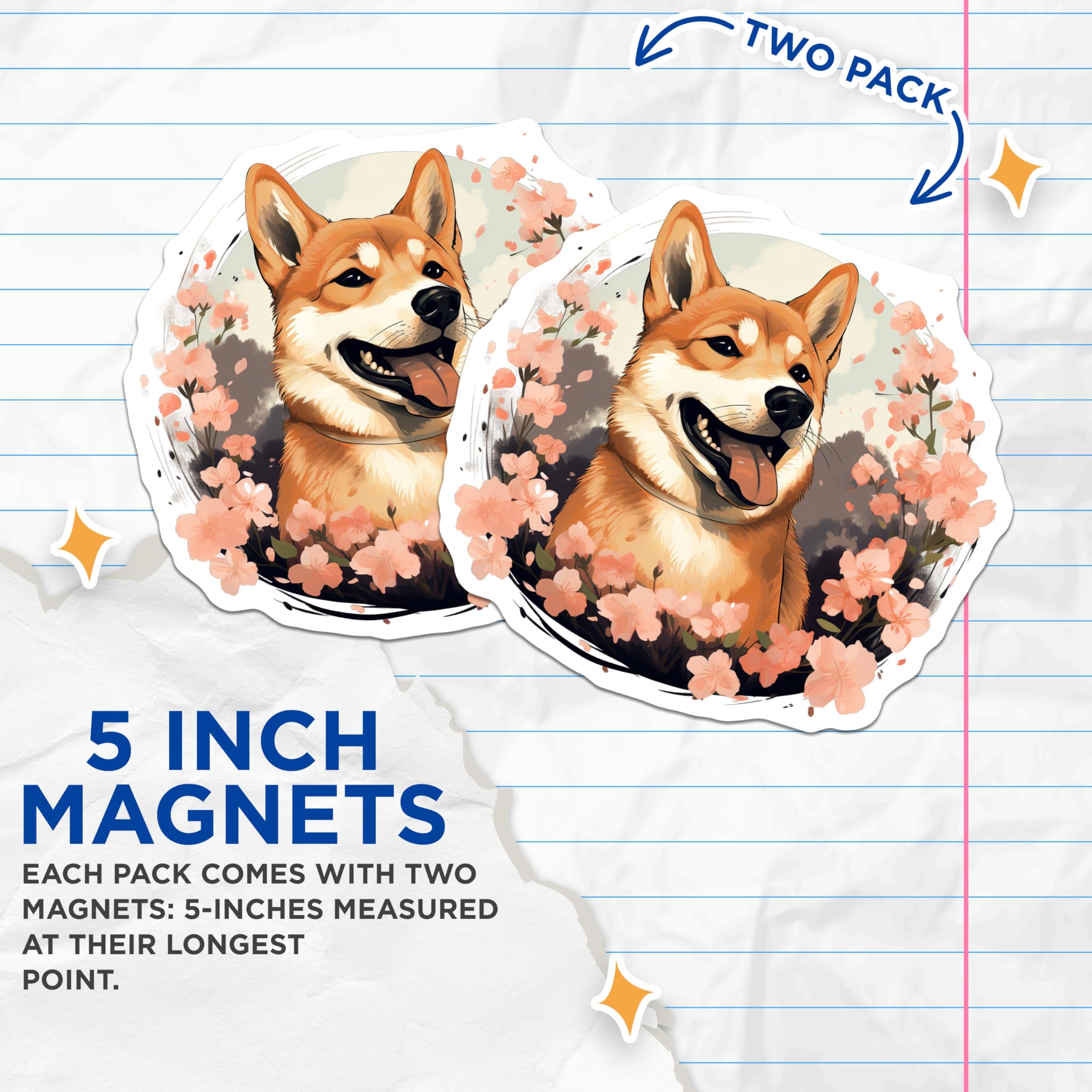 (2 Pack) Shiba Inu Cherry Blossom Magnets - Kawaii Dog Decor - Sakura Art Pet Lover Fridge Item - 5 Inches On Longest Side - Thick Durable Magnet - Made in USA - MAG25763