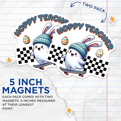 (2 Pack) Hoppy Teacher Magnets - Bunny Skateboarding - Easter Eggs - Classroom Decor - Teacher Appreciation - 5" On Longest Side - for Cars, Fridges, Toolboxes - Made in USA - MAG814