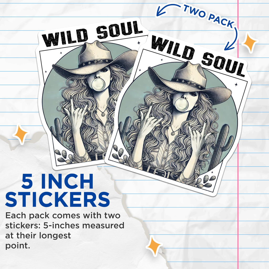 (2 Pack) Wild Soul Stickers - Cowgirl Bubblegum Sticker - Western Desert Design - Boho Cowgirl Art Sticker - 5" On Longest Side - Sticks to Smooth Flat Surfaces - Made in USA - BMCS6413