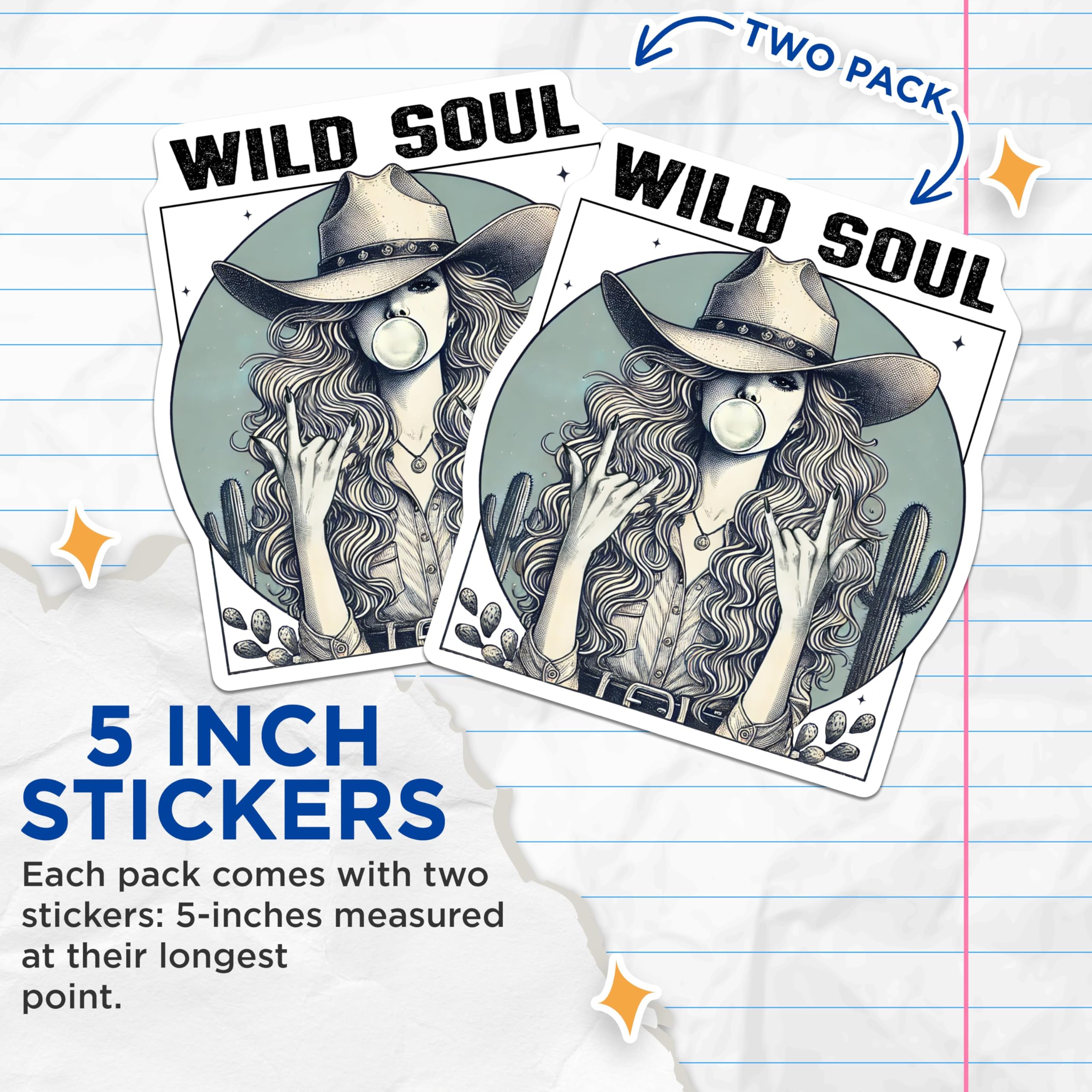(2 Pack) Wild Soul Stickers - Cowgirl Bubblegum Sticker - Western Desert Design - Boho Cowgirl Art Sticker - 5" On Longest Side - Sticks to Smooth Flat Surfaces - Made in USA - BMCS6413