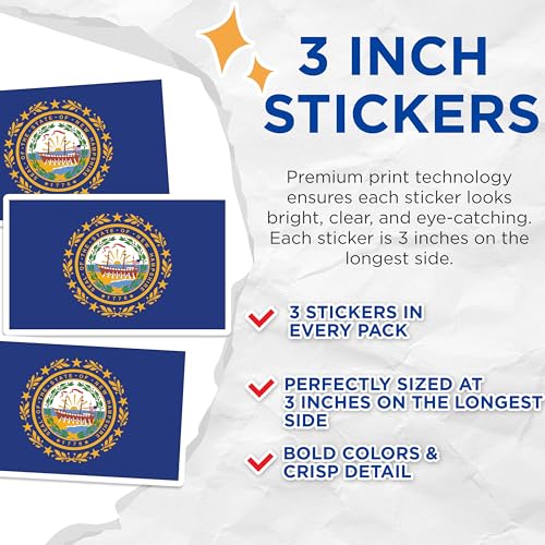 (3 Pack) New Hampshire Flag Decals - State Flag - Laptop Decal - 3 Inches On Longest Side - Easy Peel & Apply - Made in USA - 3MCS0201