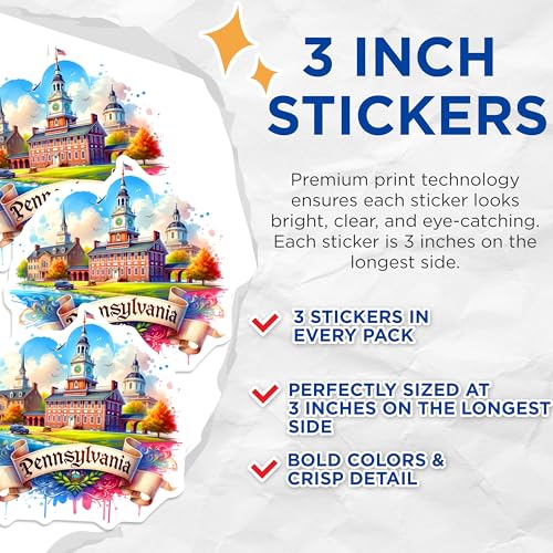 (3 Pack) Pennsylvania Decals - State Pride - Watercolor Style- 3 Inches On Longest Side - Easy Peel & Apply - Made in USA - 3MCS5437