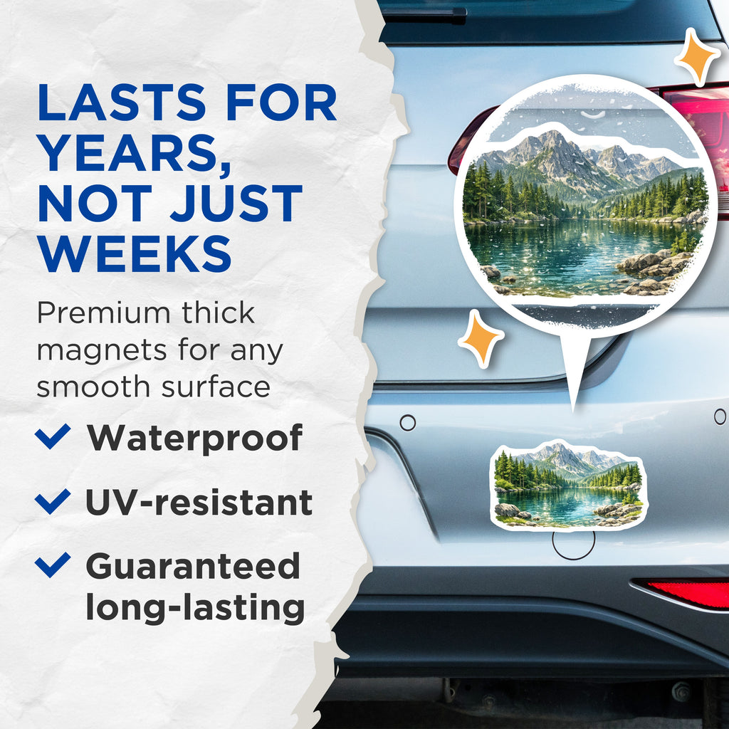 (2 Pack) Mountain Lake Magnets - Scenic Forest Landscape Decor - Wilderness Refrigerator Art - Outdoor Adventure Souvenir - 5 Inches On Longest Side - Thick Durable Magnet - Made in USA - MAG37410