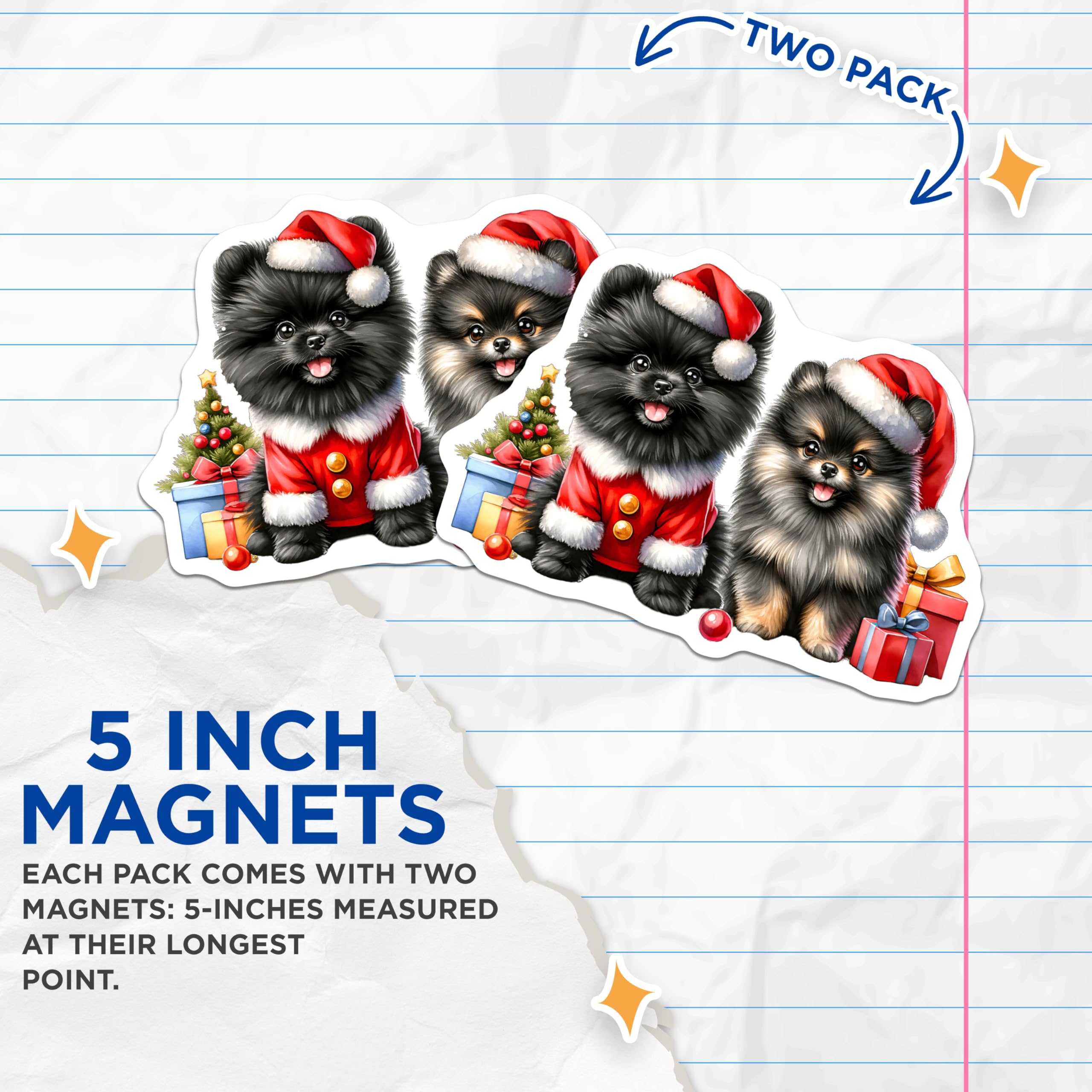 (2 Pack) Pomeranian Christmas Magnets - Cute Dog Holiday Decor - Festive Pet Fridge Art - 5 Inches On Longest Side - Thick Durable Magnet - Made in USA - MAG26916