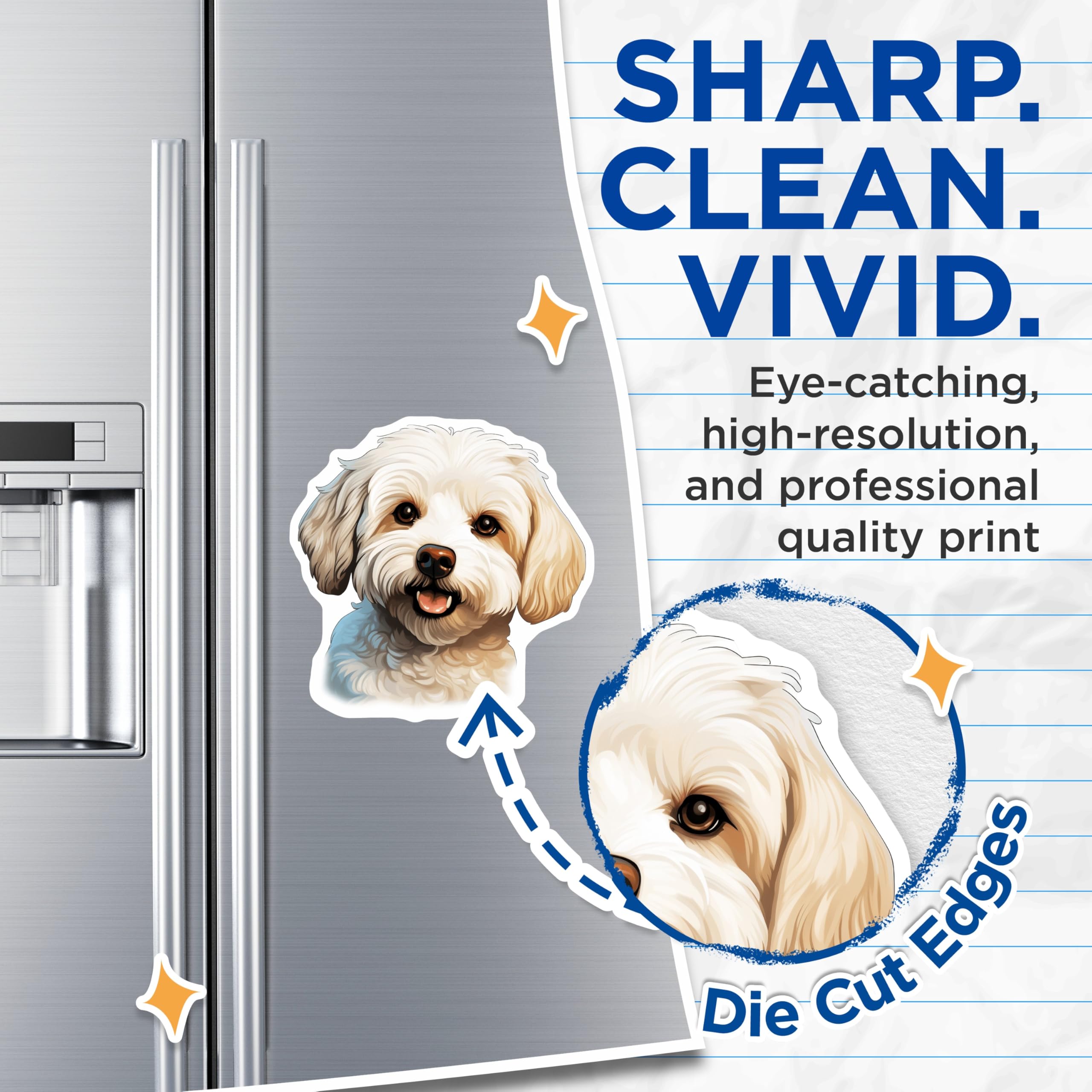 (2 Pack) White Fluffy Dog Magnets - Cute Puppy Pet Lover Decor - Happy Smiling Animal Face Magnets - 5 Inches On Longest Side - Thick Durable Magnet - Made in USA - MAG29169