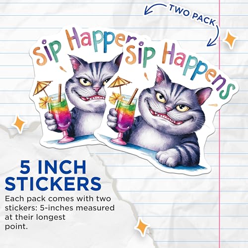 (2 Pack) Funny Cat Stickers - Sip Happens - Cat Illustration - 5" On Longest Side - Sticks to Smooth Flat Surfaces - Made in USA - BMCS8555