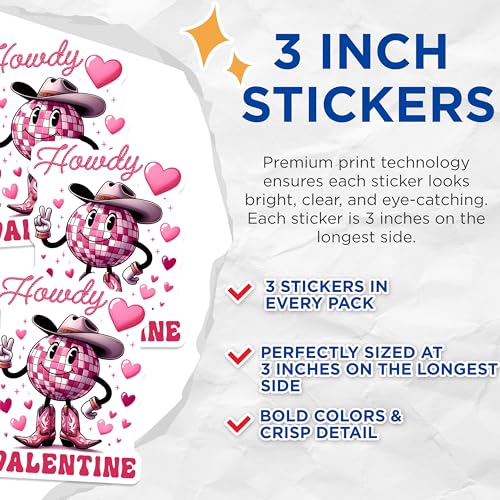 (3 Pack) Howdy Valentine Decals - Disco Ball Sticker - Cowboy Boots Heart Stickers - 3 Inches On Longest Side - Easy Peel & Apply - Made in USA - 3MCS1916