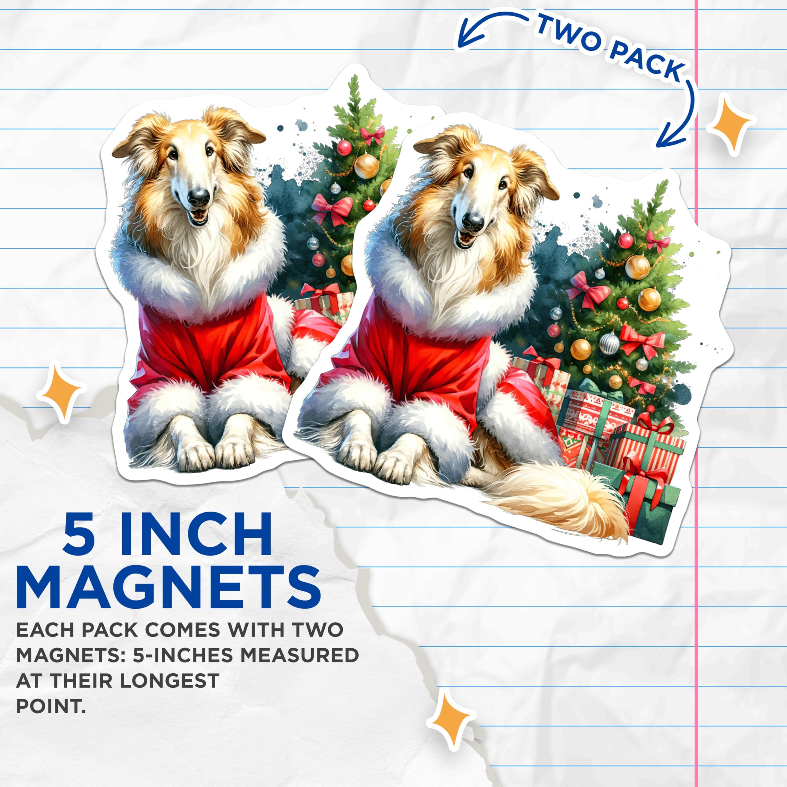 (2 Pack) Borzoi Santa Dog Christmas Magnets - Holiday Pet Refrigerator Decor - Festive Animal Kitchen Art - 5 Inches On Longest Side - Thick Durable Magnet - Made in USA - MAG24291