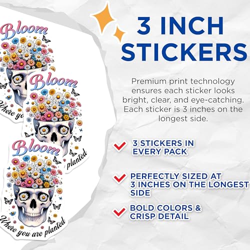 (3 Pack) Skull with Daisies Decals - Laptop Decals - Floral Skull Stickers - 3 Inches On Longest Side - Easy Peel & Apply - Made in USA - 3MCS6146