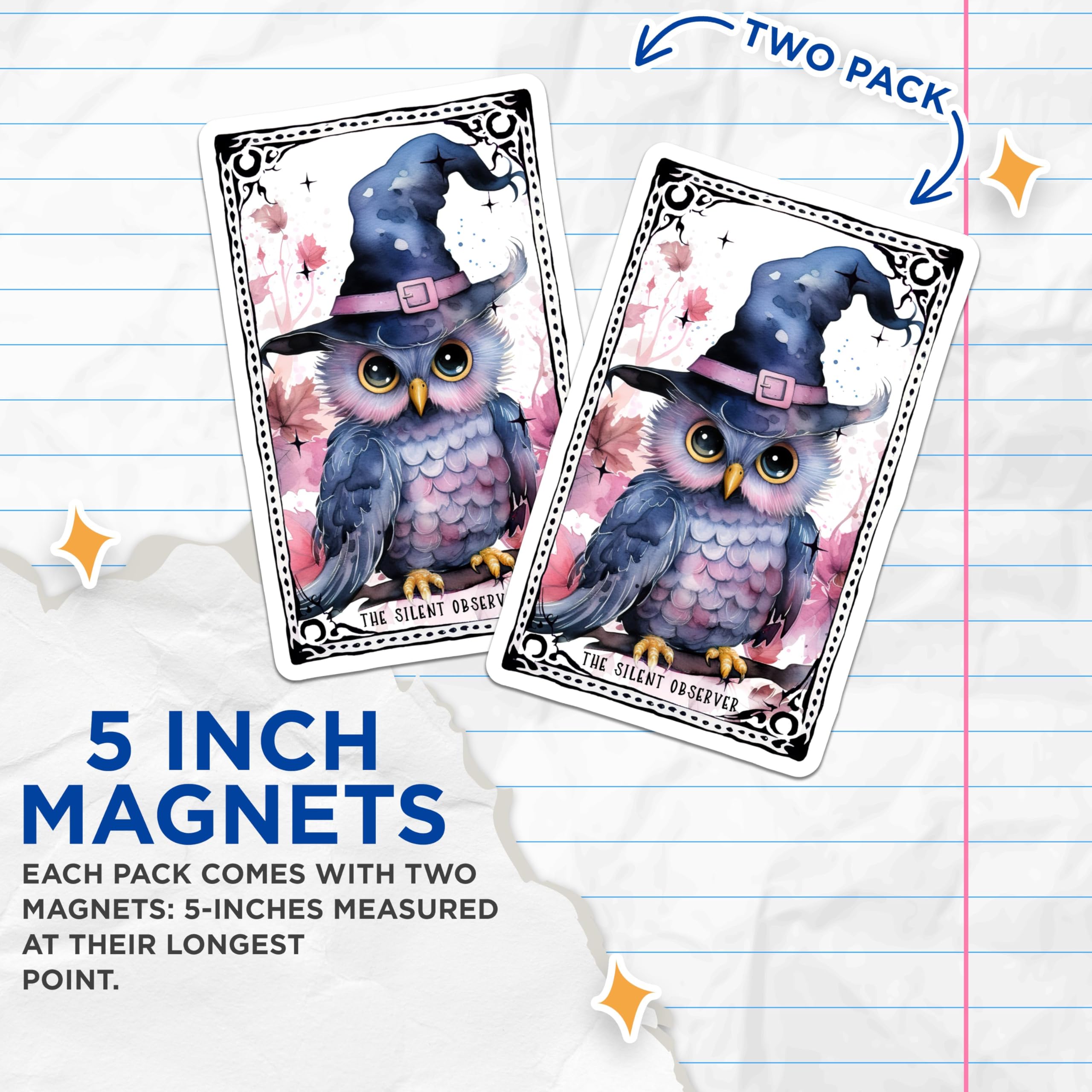 (2 Pack) Owl Witch Magnets - Cute Halloween Decor Magnets - Whimsical Owl Art Magnets - 5" On Longest Side - for Cars, Refrigerators, Toolboxes, Lockers - Made in USA MAG3592