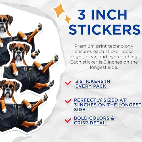 (3 Pack) Boxer Dog Decals - Pocket Pup Stickers - Laptop Decals - 3 Inches On Longest Side - Easy Peel & Apply - Made in USA - 3MCS2725