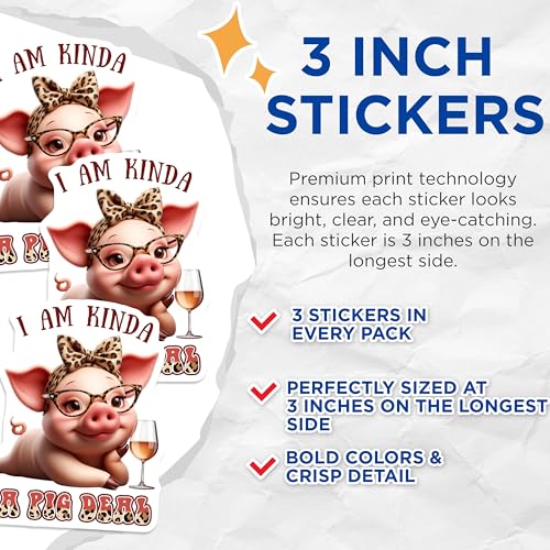 (3 Pack) Pig Decals - Funny Piggy Stickers - Laptop Decal - 3 Inches On Longest Side - Easy Peel & Apply - Made in USA - 3MCS6710