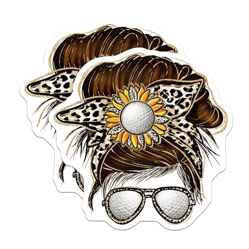 (2 Pack) Retro Sunglasses Hair Bun Stickers - Sunflower Leopard Print Stickers - Cute Golf Design Stickers - 5" On Longest Side - Sticks to Smooth Flat Surfaces - Made in USA - BMCS6204