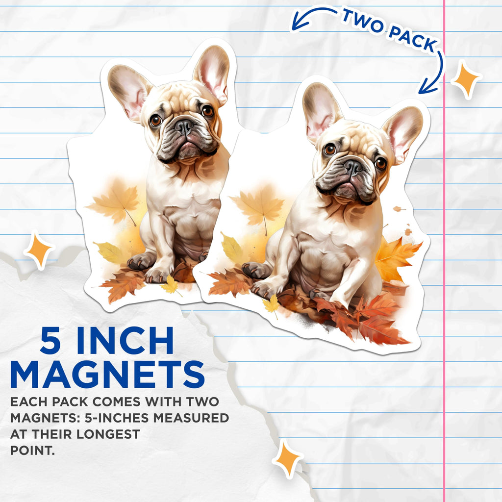 (2 Pack) French Bulldog Magnets - Adorable Autumn Puppy Art - Fall Dog Lover Refrigerator Decor - 5 Inches On Longest Side - Thick Durable Magnet - Made in USA - MAG23584