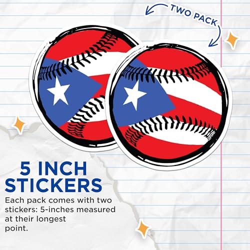 (2 Pack) Puerto Rico Baseball Stickers - Flag Baseball Stickers - Patriotic Puerto Rican Stickers - 5" On Longest Side - Sticks to Smooth Flat Surfaces - Made in USA - BMCS4620