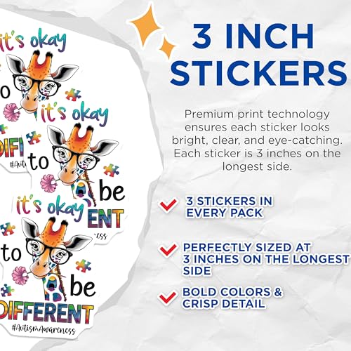 (3 Pack) Autism Awareness Decals - Giraffe Sticker - Its Okay to be Different Decal - 3 Inches On Longest Side - Easy Peel & Apply - Made in USA - 3MCS0057