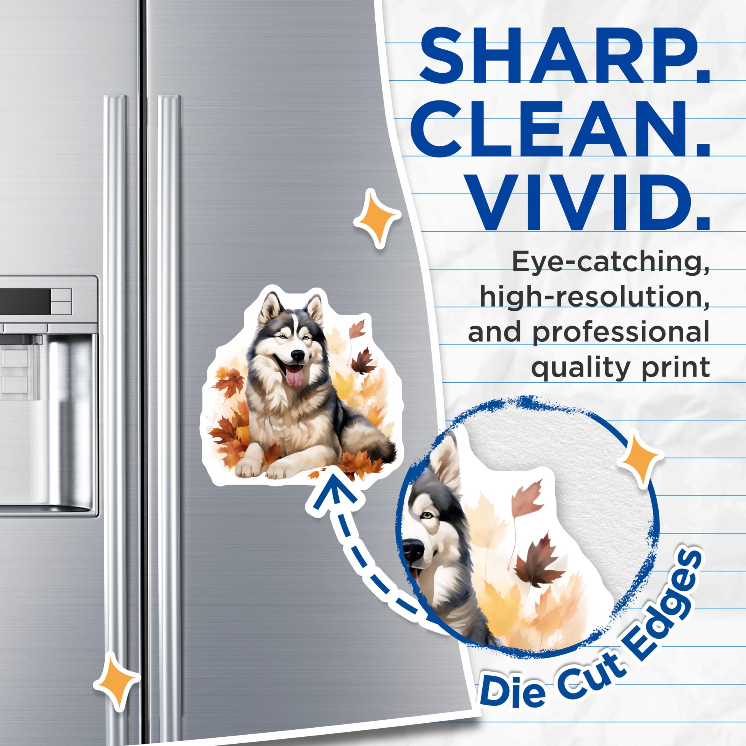 (2 Pack) Husky Dog Magnets - Autumn Leaves Decor - Fall Pet Art - Dog Lover Item - Refrigerator Display - 5 Inches On Longest Side - Thick Durable Magnet - Made in USA - MAG28264