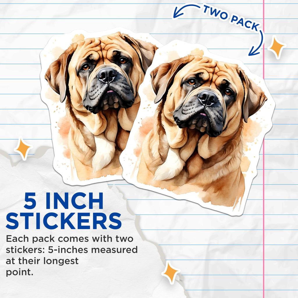 (2 Pack) Bullmastiff Stickers - Dog Breed Stickers - Cute Animal Stickers - 5" On Longest Side - Sticks to Smooth Flat Surfaces - Made in USA - BMCS14543