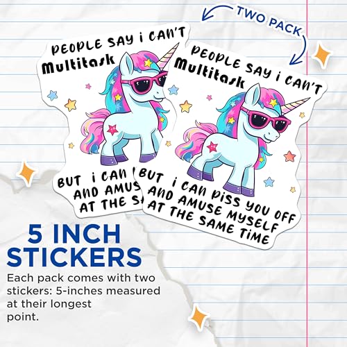 (2 Pack) People Say I Can't Multitask Stickers - Funny Unicorn - Cute and Sassy - 5" On Longest Side - Sticks to Smooth Flat Surfaces - Made in USA - BMCS7814