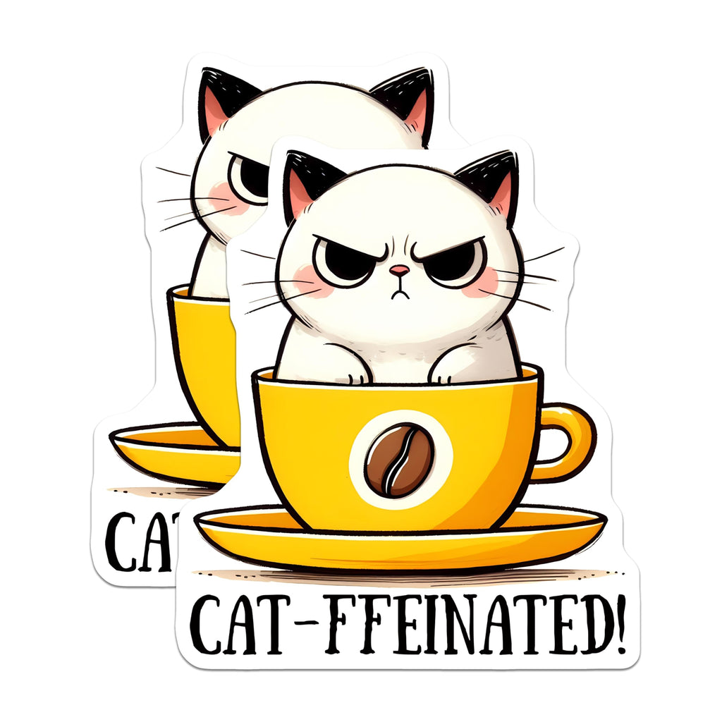 (2 Pack) Cat-ffeinated Stickers - Funny Coffee Cat Stickers - Cute Cat Pun Stickers for Laptops Water Bottles Journals - 5" On Longest Side - Sticks to Any Smooth Flat Surface - Made in USA - BMCS3294
