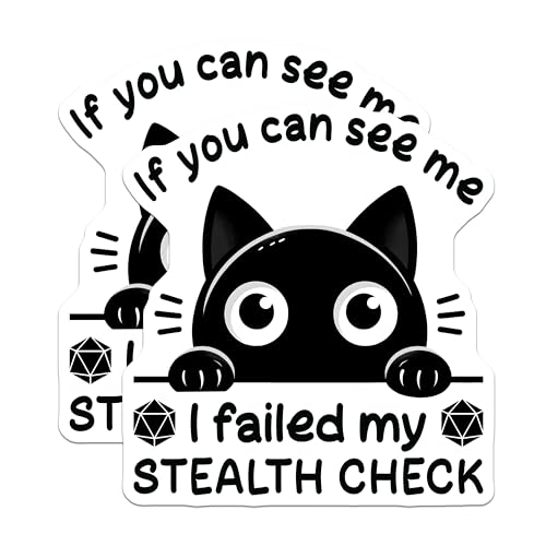 (2 Pack) Funny RPG Gamer Stickers - Black Cat DND Humor - Stealth Check Fail Stickers - 5" On Longest Side - Sticks to Smooth Flat Surfaces - Made in USA - BMCS5662