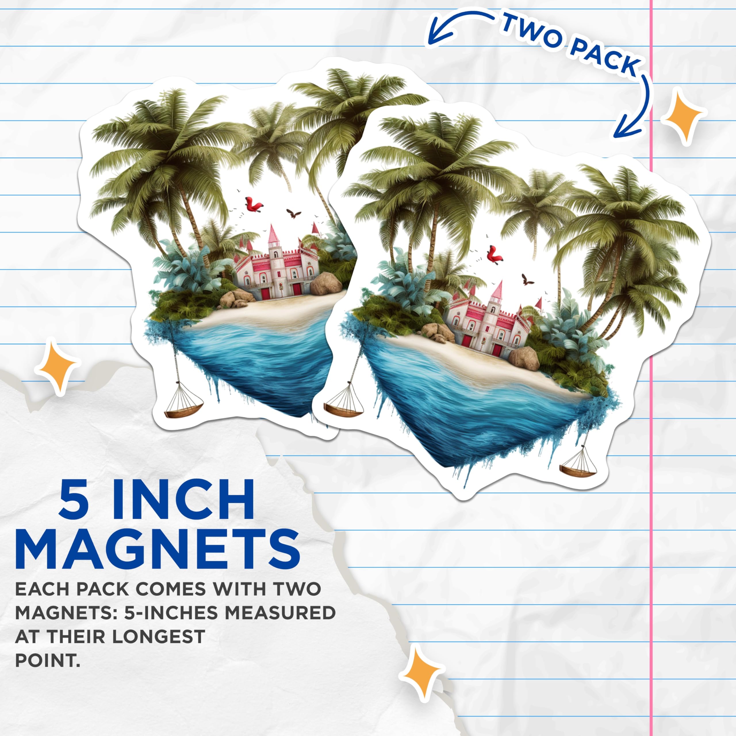 (2 Pack) Tropical Island Magnets - Fantasy Castle Scenery - Beach Paradise Decor - 5 Inches On Longest Side - Thick Durable Magnet - Made in USA - MAG19716