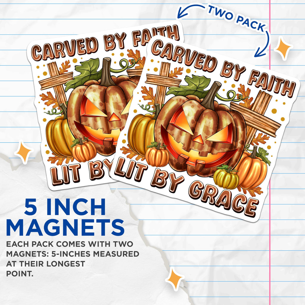 (2 Pack) Christian Halloween Magnets - Faith Fall Decor - Carved By Faith Lit By Grace - 5 Inches On Longest Side - Thick Durable Magnet - Made in USA - MAG27463