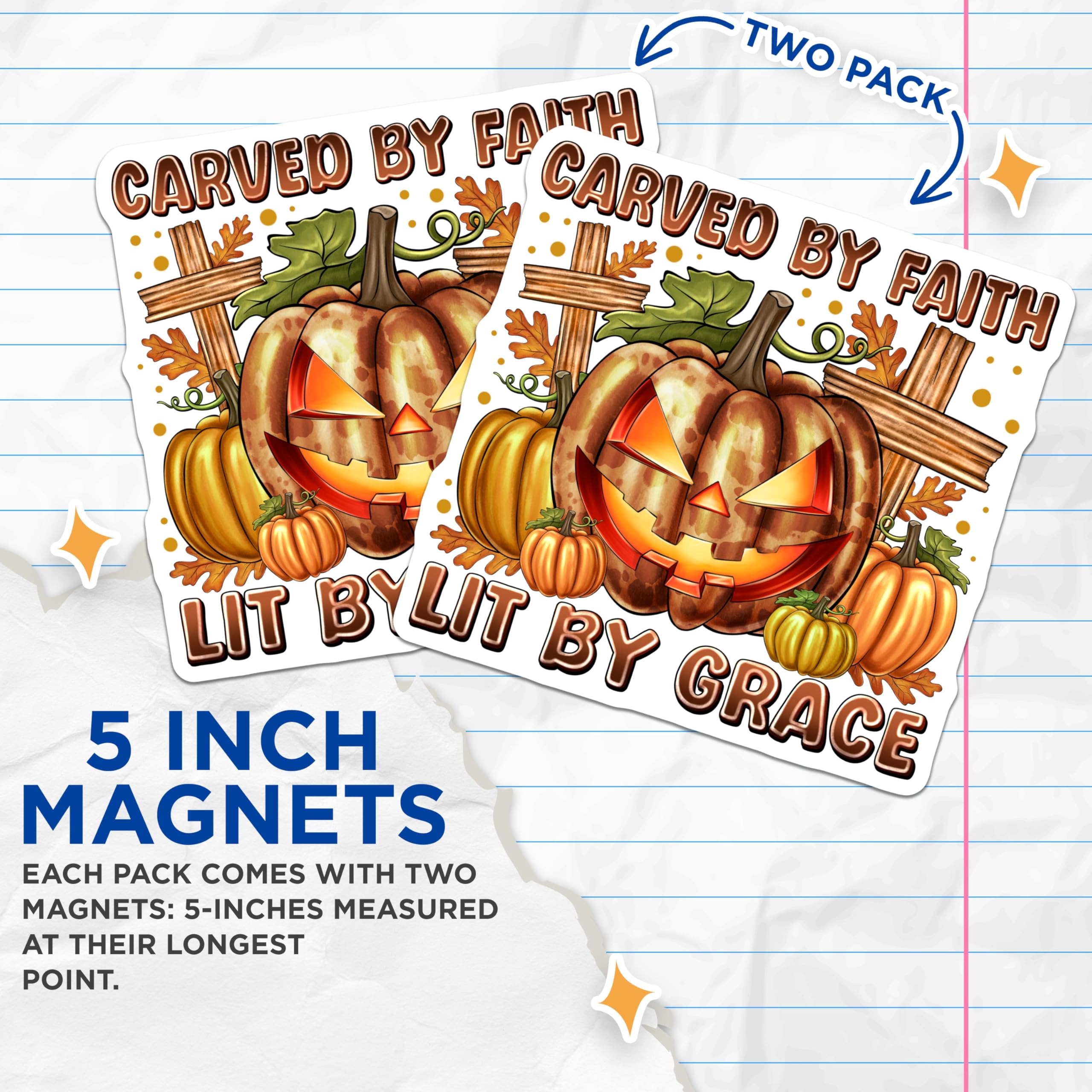 (2 Pack) Christian Halloween Magnets - Faith Fall Decor - Carved By Faith Lit By Grace - 5 Inches On Longest Side - Thick Durable Magnet - Made in USA - MAG27463
