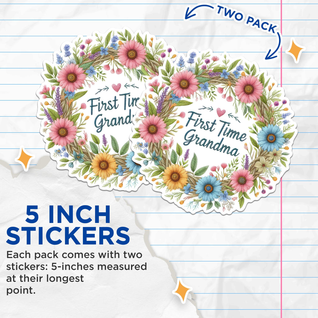 (2 Pack) First Time Grandma Stickers - Floral Grandma Stickers - Beautiful Grandmother Flower Stickers - 5" On Longest Side - Sticks to Any Smooth Flat Surface - Made in USA - BMCS2907