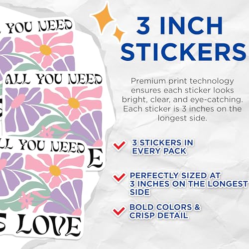 (3 Pack) All You Need is Love Decals - Floral Laptop Stickers - Positive Affirmation - 3 Inches On Longest Side - Easy Peel & Apply - Made in USA - 3MCS2609
