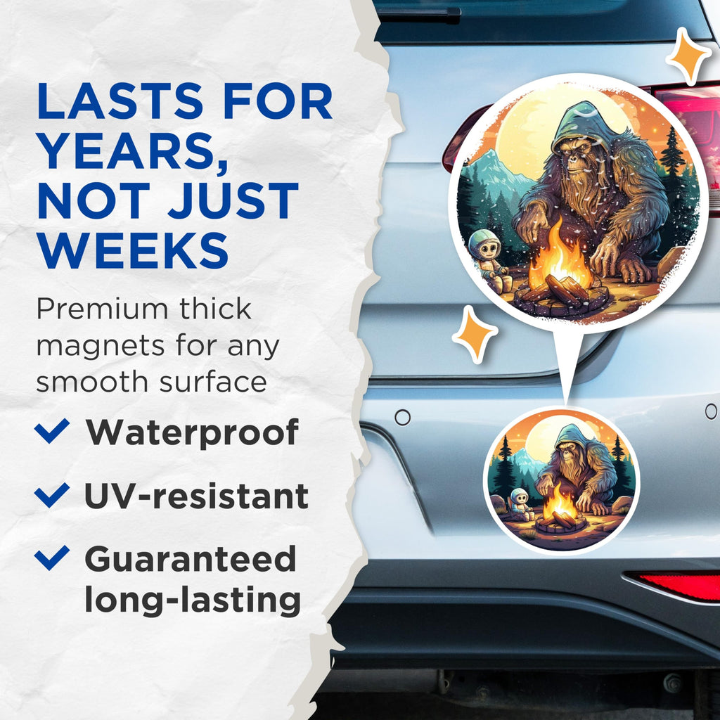 (2 Pack) Bigfoot Magnets - Sasquatch Astronaut Campfire - Cryptid Outdoor Decor - 5 Inches On Longest Side - Thick Durable Magnet - Made in USA - MAG22876